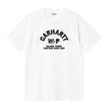 Carhartt WIP S/S Column T-Shirt en color blanco, vista frontal plana. Camiseta de algodón orgánico de peso medio con cuello redondo, manga corta y estampado tipográfico en negro con el texto 