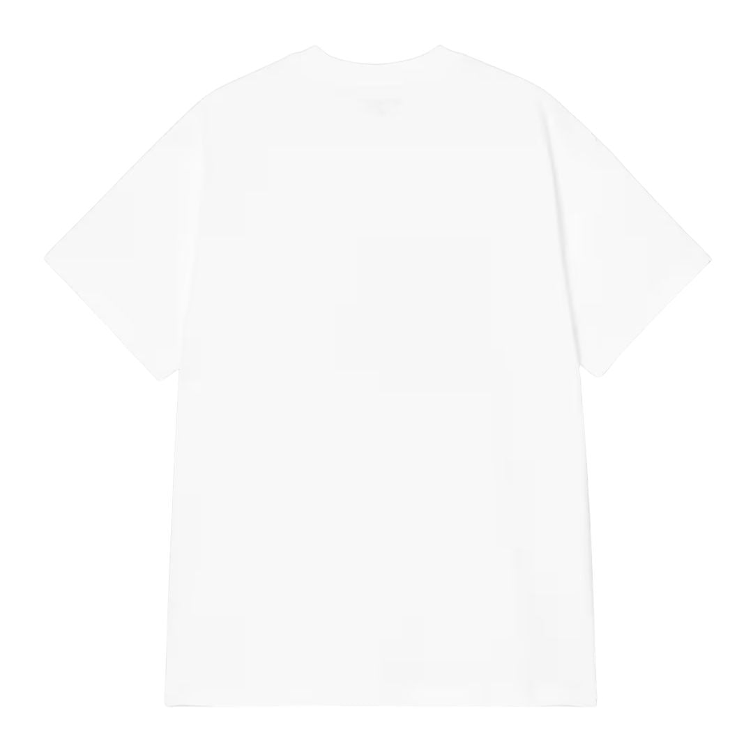 Carhartt WIP S/S Column T-Shirt en color blanco, vista trasera plana. Camiseta de algodón orgánico de peso medio con cuello redondo ribeteado y espalda completamente lisa, sin estampados ni costuras visibles. Corte loose fit.