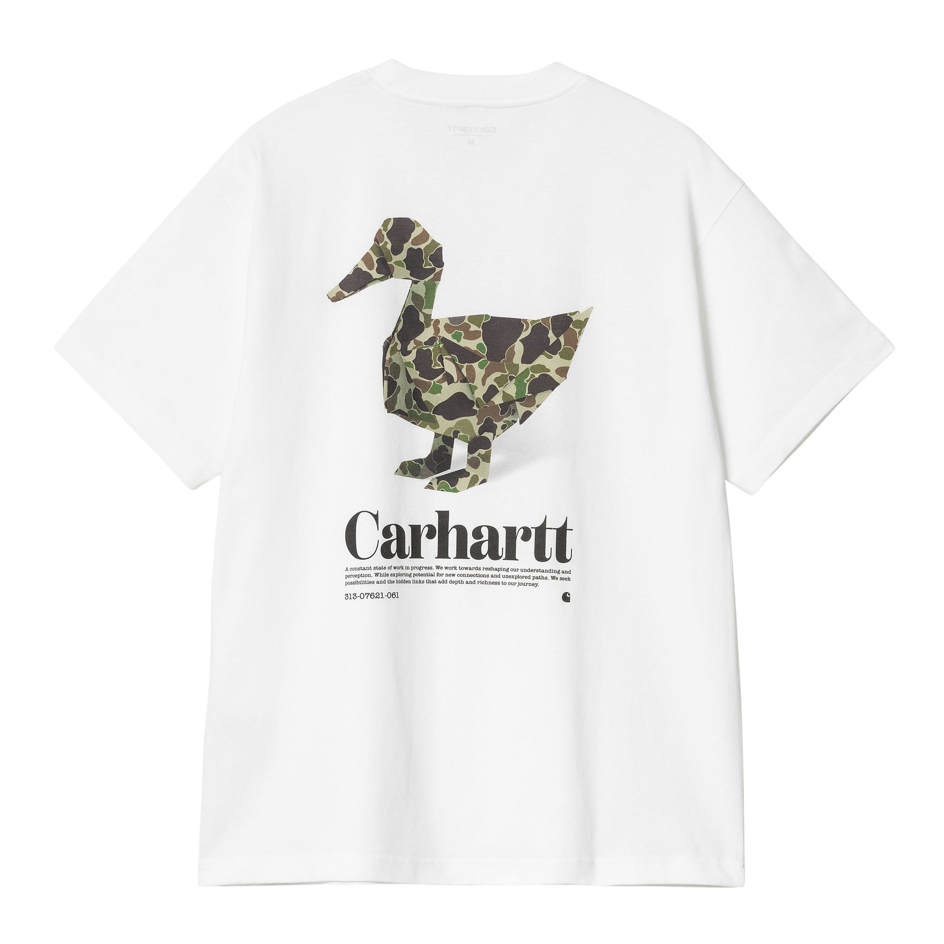 Camiseta de manga corta Carhartt WIP S/S Fold Duck T-Shirt Blanca con un pato camo estampado en la espalda