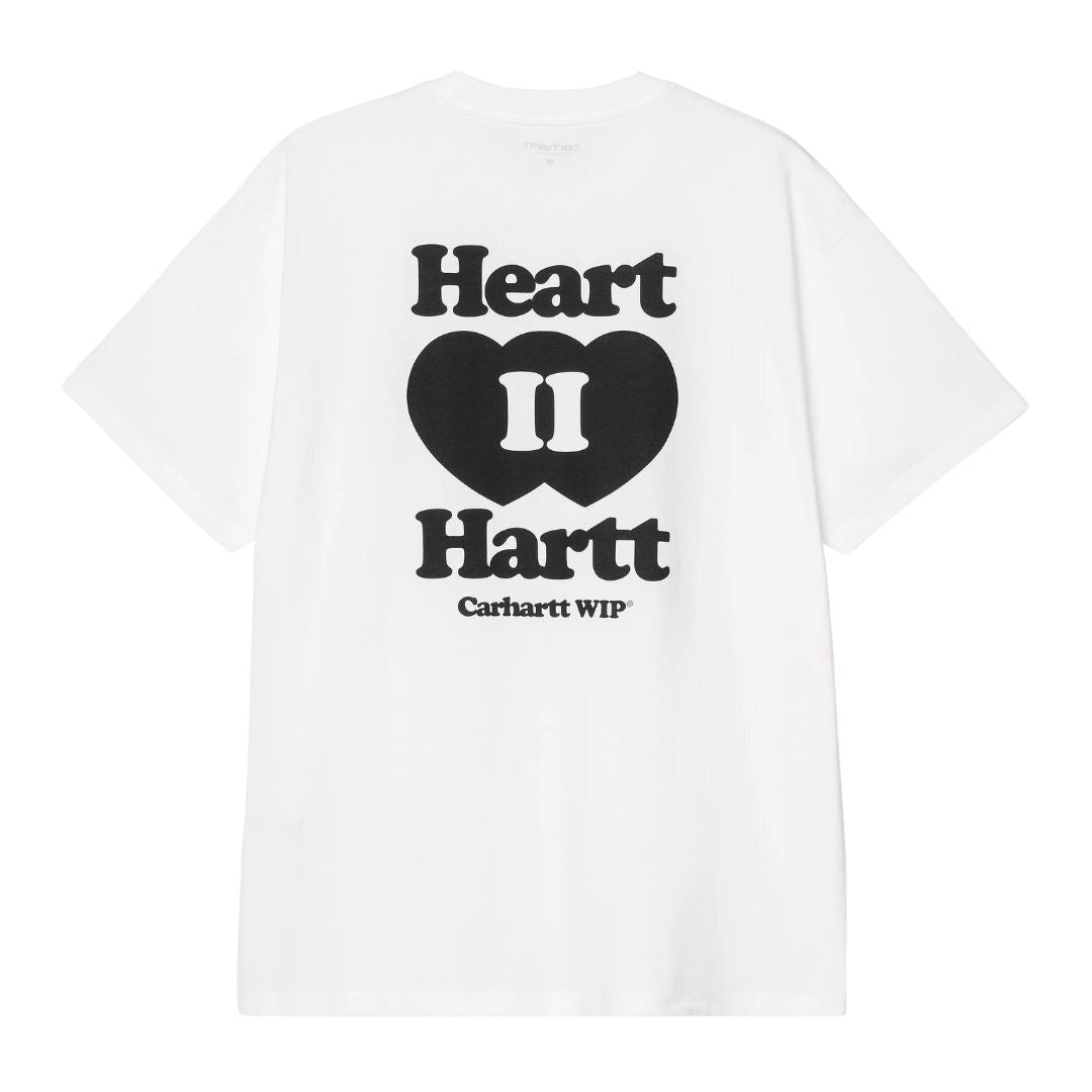 Detalle de la parte trasera de la camiseta blanca Carhartt WIP S/S Heart II Hartt T-Shirt con estampado gráfico completo