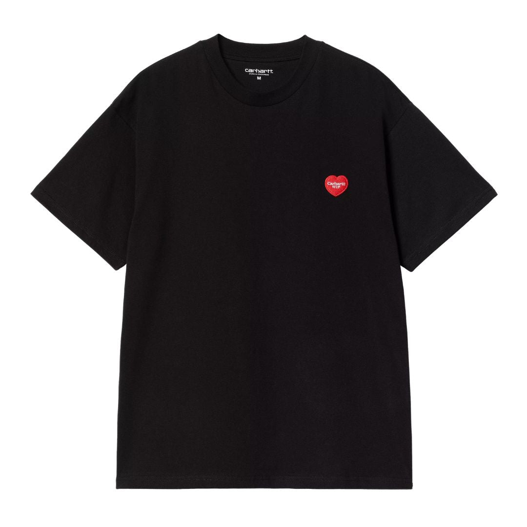 Vista completa de la camiseta negra Carhartt WIP S/S Heart II Hartt T-Shirt mostrando logotipo frontal en forma de corazón