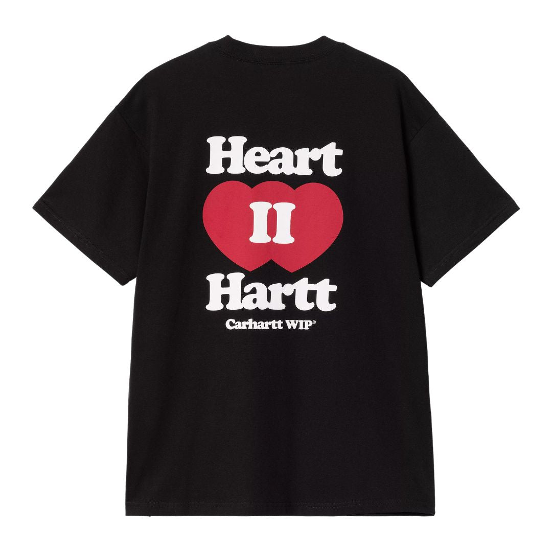 Vista trasera de la camiseta negra Carhartt WIP S/S Heart II Hartt T-Shirt con diseño gráfico y texto decorativo