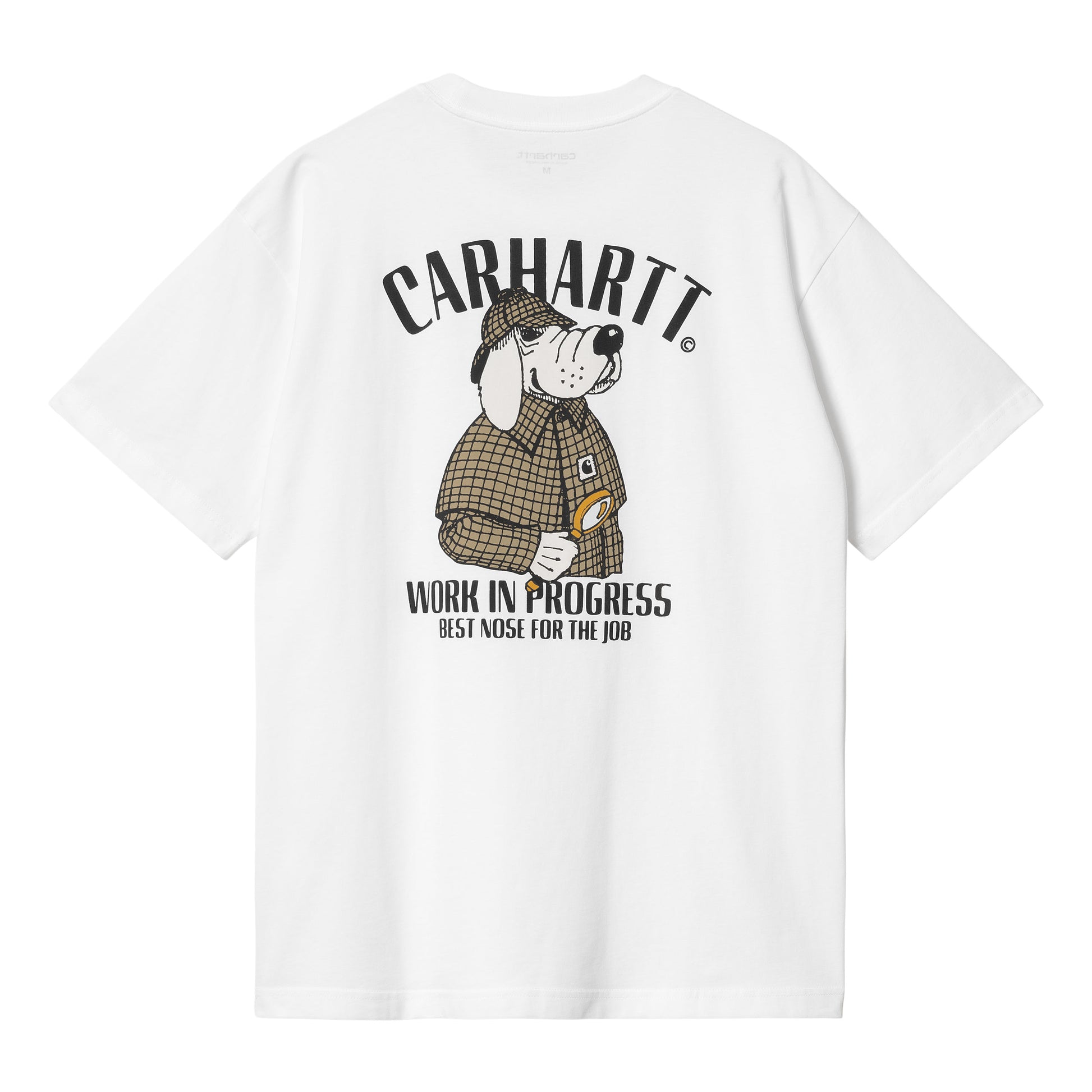 Camiseta de manga corta Carhartt WIP S/S Inspector T-Shirt Blanca con un perro sabueso vestido de detective en verde y la leyenda "Carhartt Wor in rogress. Best nose for the job"