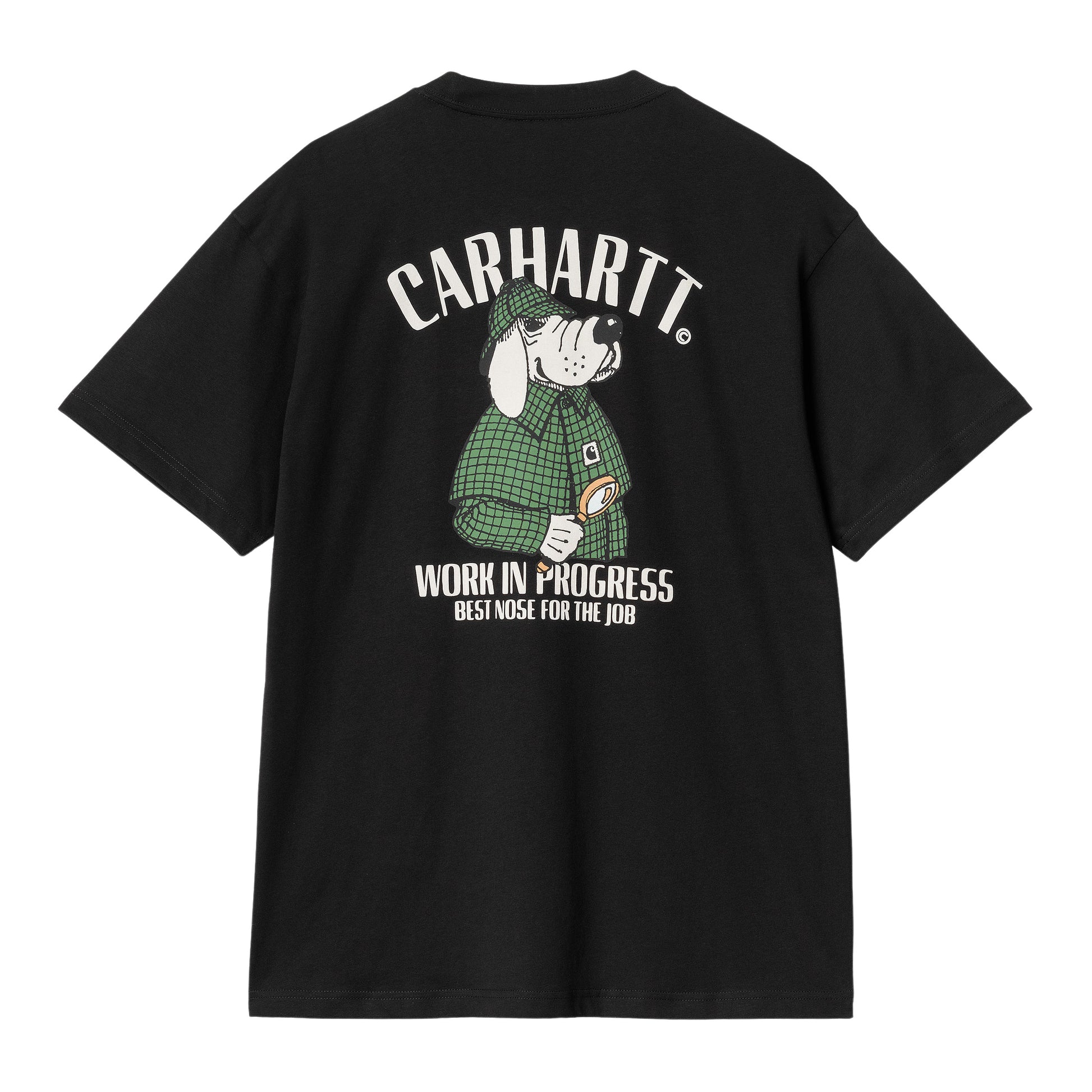 Camiseta de manga corta Carhartt WIP S/S Inspector T-Shirt Negra con un perro sabueso vestido de detective en verde y la leyenda "Carhartt Wor in Progress. Best nose for the job"