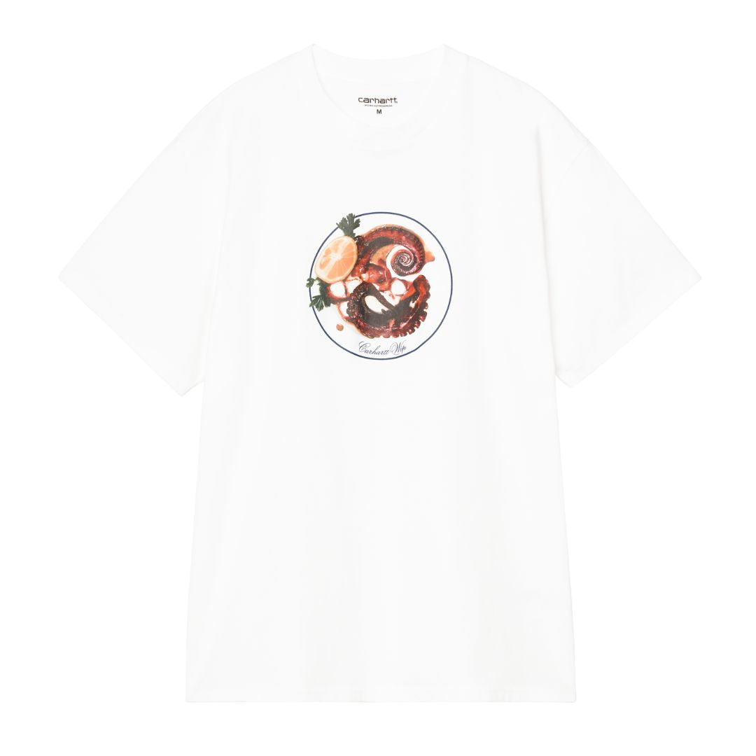 Camiseta Carhartt WIP S/S Octopus T-Shirt en color blanco con estampado gráfico de pulpo, vista frontal.