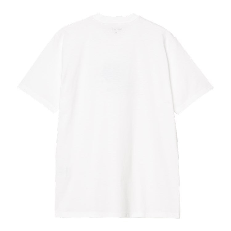 Carhartt WIP S/S Piggybank T-Shirt en color blanco con un diseño gráfico de hucha azul en la parte frontal y texto "Sound Financial Advice Since 89".