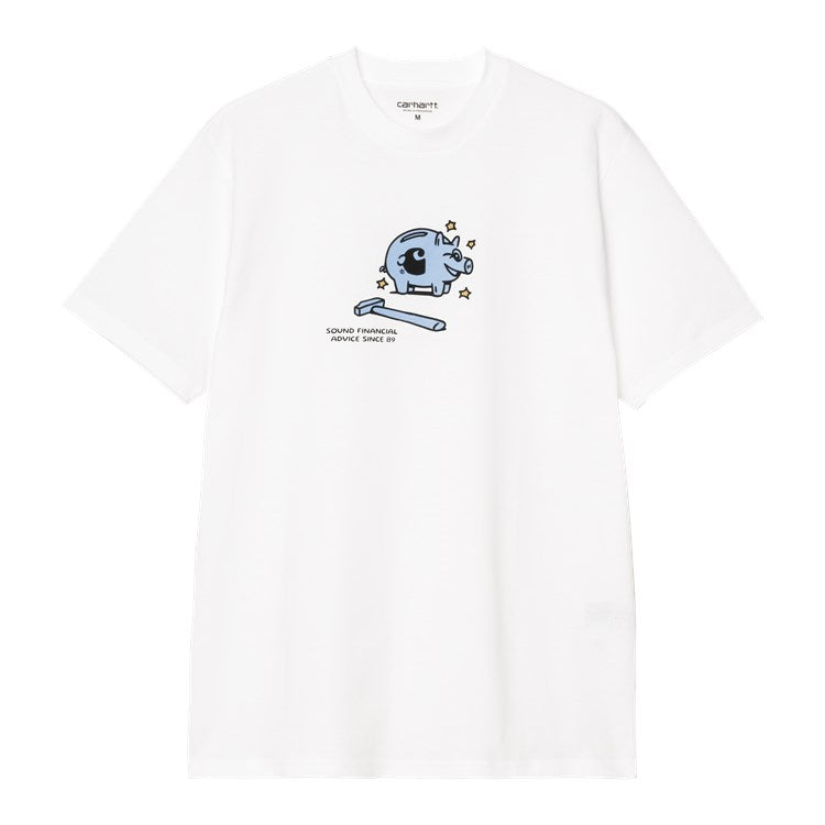 Carhartt WIP S/S Piggybank T-Shirt en color blanco con un diseño gráfico de hucha azul en la parte frontal y texto "Sound Financial Advice Since 89".