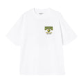 Carhartt WIP S/S Pinball T-Shirt blanca, vista delantera: estampado gráfico en el pecho izquierdo con logo Carhartt WIP Pinball ©1989 en verde y amarillo, cuello redondo, etiqueta interior visible.