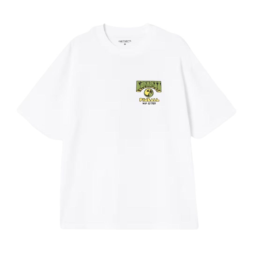Carhartt WIP S/S Pinball T-Shirt blanca, vista delantera: estampado gráfico en el pecho izquierdo con logo Carhartt WIP Pinball ©1989 en verde y amarillo, cuello redondo, etiqueta interior visible.