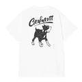 Carhartt WIP S/S Pup T-Shirt en color blanco, vista trasera plana. Camiseta de lona de algodón de peso medio con estampado gráfico en la espalda: logotipo Carhartt en tipografía script en negro en la parte superior e ilustración de cachorro en estilo grabado texturizado en negro en el centro. Corte loose fit.