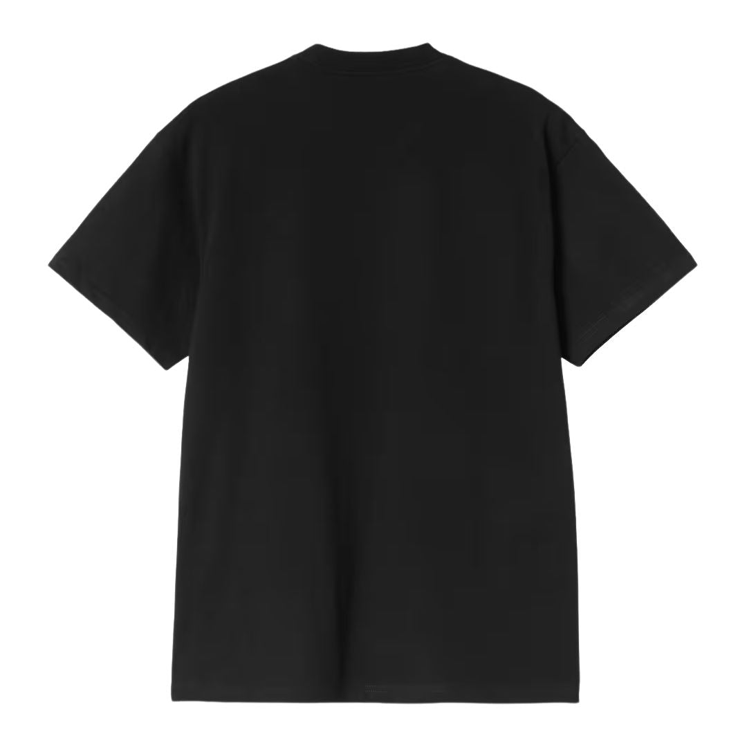 Carhartt WIP S/S Road Side Snack T-Shirt en color negro, vista trasera plana. Camiseta de algodón orgánico de peso medio con cuello redondo ribeteado, manga corta y espalda completamente lisa. Corte loose fit.