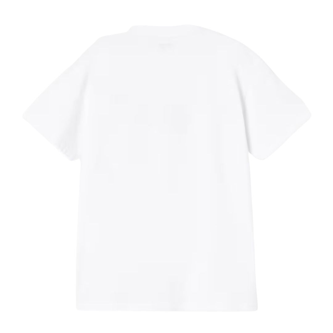 Carhartt WIP S/S Road Side Snack T-Shirt en color blanco, vista trasera plana. Camiseta de algodón orgánico de peso medio con cuello redondo ribeteado, manga corta y espalda completamente lisa. Corte loose fit.