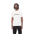 Hombre con la camiseta básica de manga corta Carhartt WIP S/S Script T-Shirt Blanca con el logo Carhartt en Negro