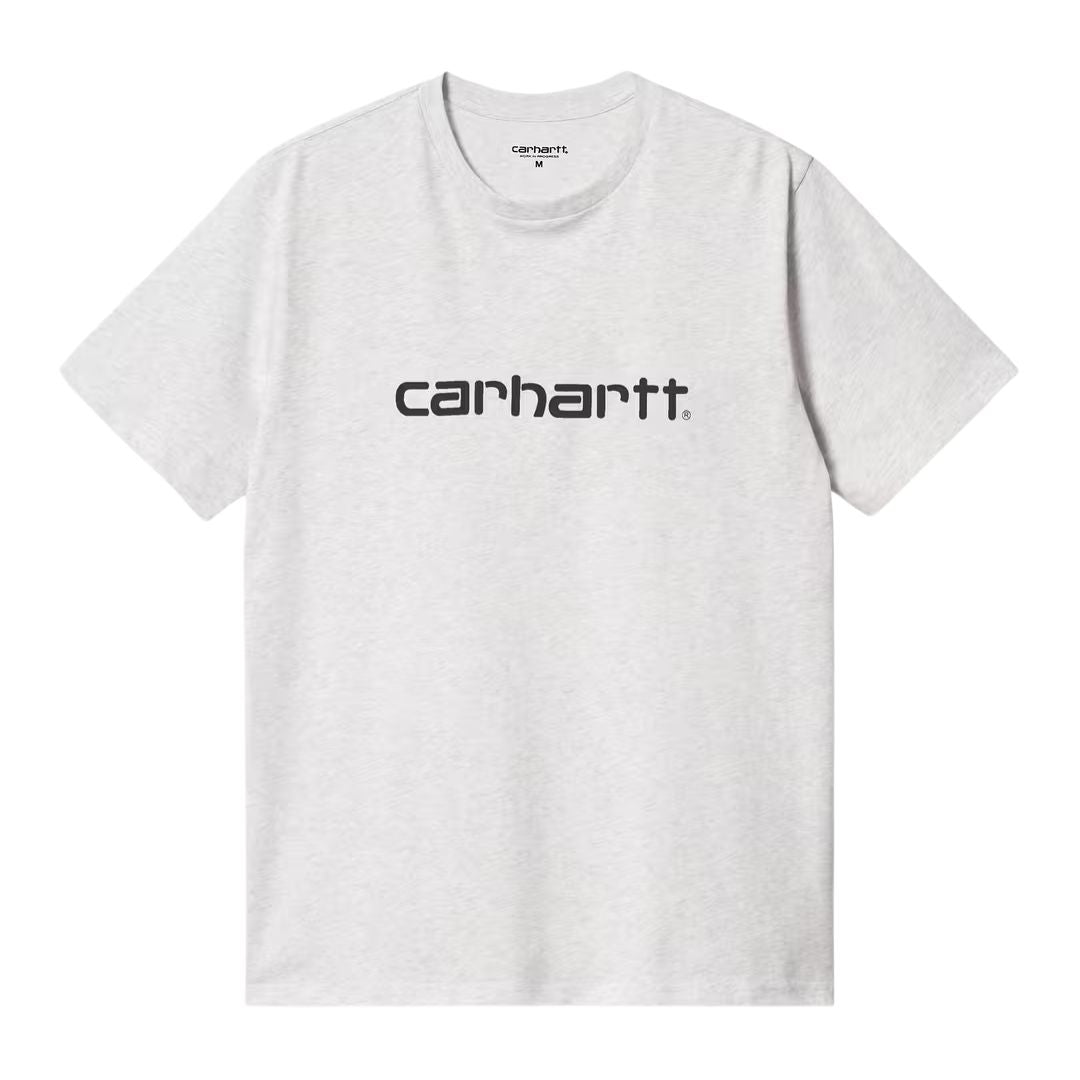 Camiseta de manga corta Carhartt Script Gris ceniza con el logo en Grafito en el pecho.