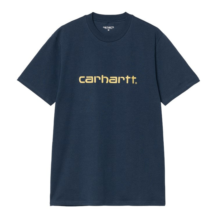 Camiseta básica de manga corta Carhartt WIP S/S Script T-Shirt Azul tinta con el logo Carhartt en amarillo aire