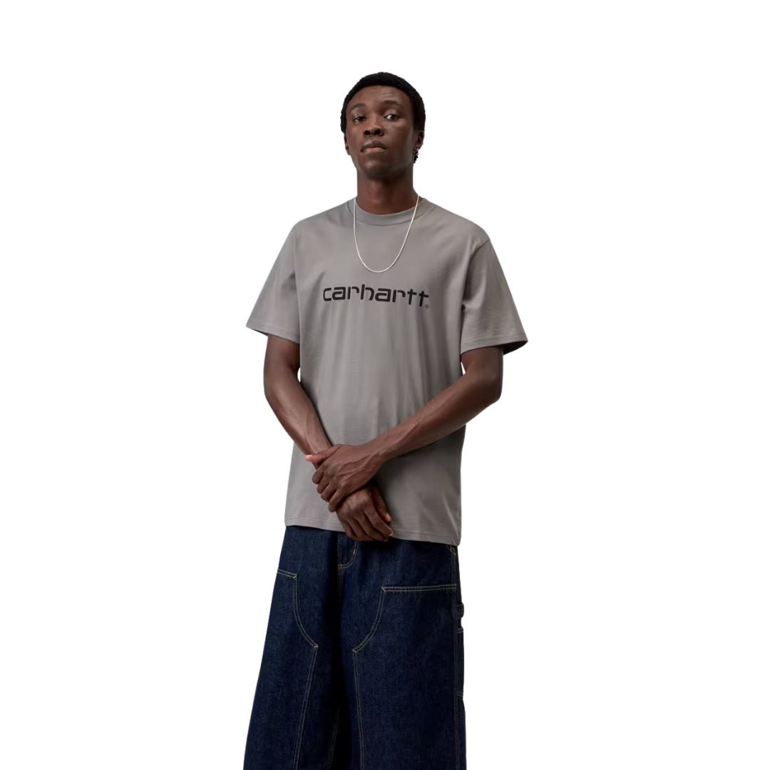 Camiseta Carhartt WIP S/S Script T-Shirt en Shady Grey con logotipo Script en Dark Navy, en plano medio sobre modelo masculino. Manga corta y cuello redondo de estilo casual.