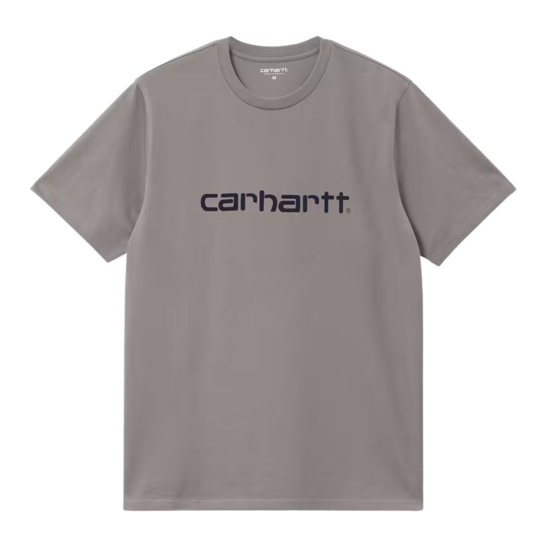 Camiseta Carhartt WIP S/S Script T-Shirt color Shady Grey con logotipo Script en Dark Navy en el pecho. Vista frontal en plano extendido, etiqueta talla M visible en el cuello.