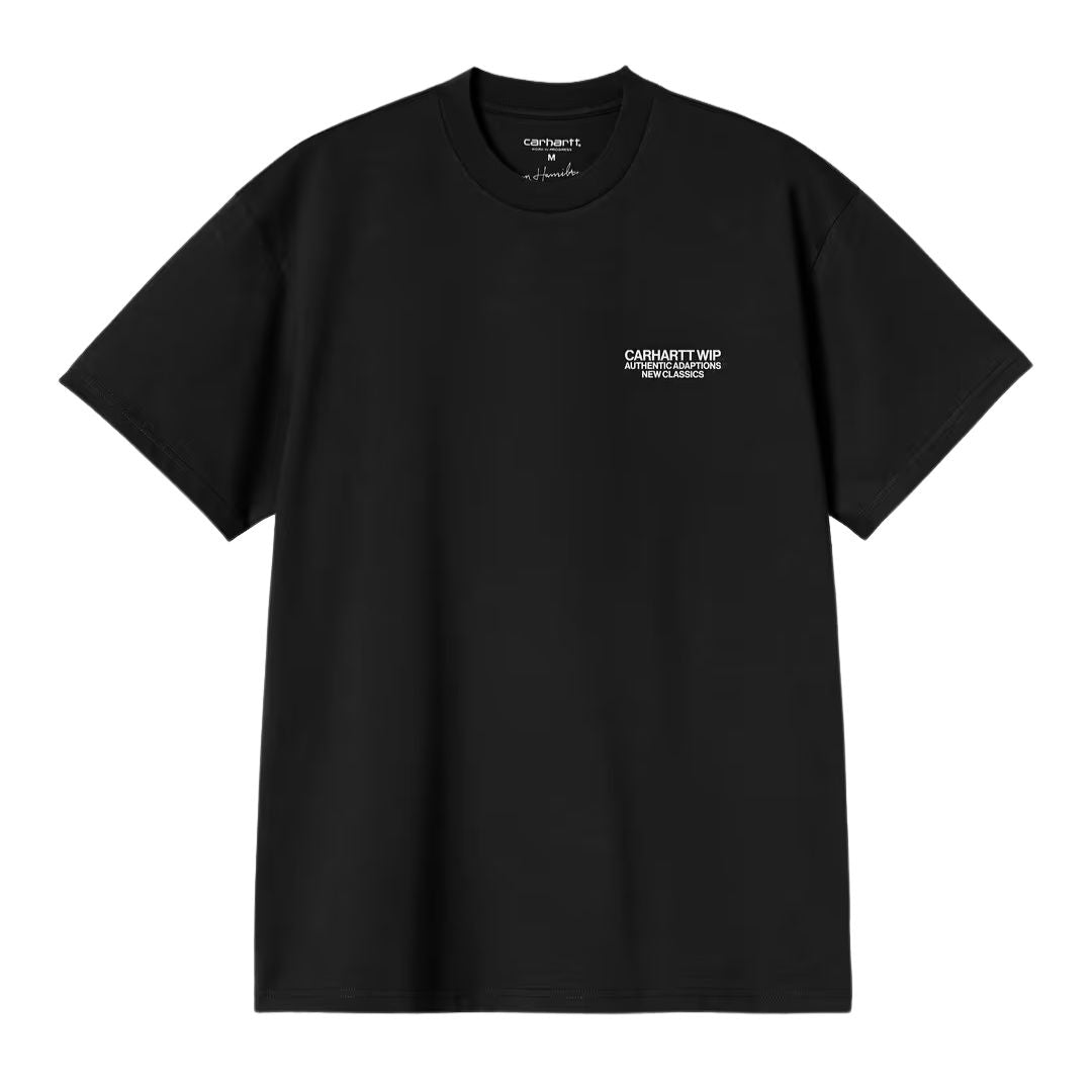 Carhartt WIP S/S Sean Hamilton 03 T-Shirt negra vista frontal con pequeño estampado Carhartt WIP Authentic Adaptions New Classics en el pecho.