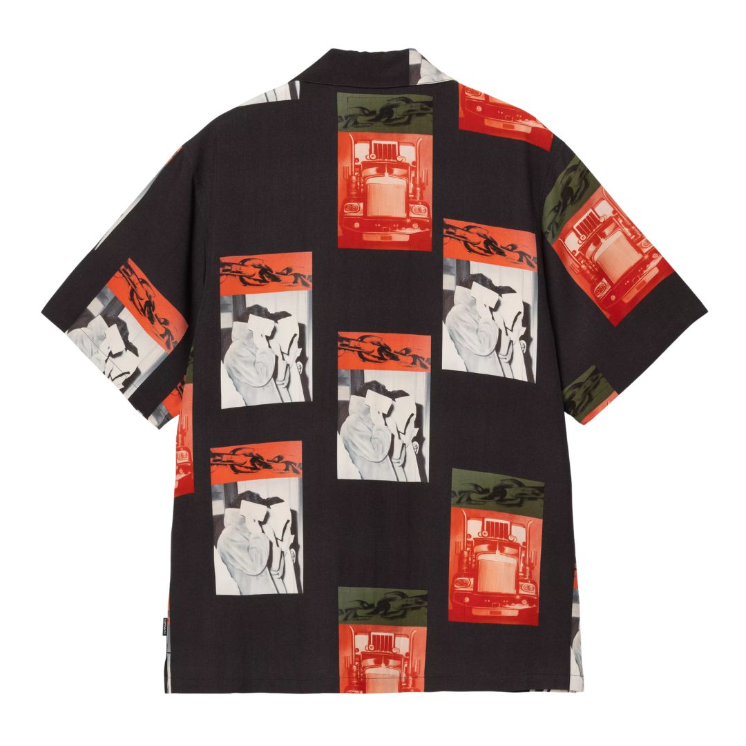 Carhartt WIP S/S Sean Hamilton Shirt Sean Hamilton Print Black vista trasera, camisa streetwear de manga corta con estampado integral, corte holgado y tejido de viscosa-