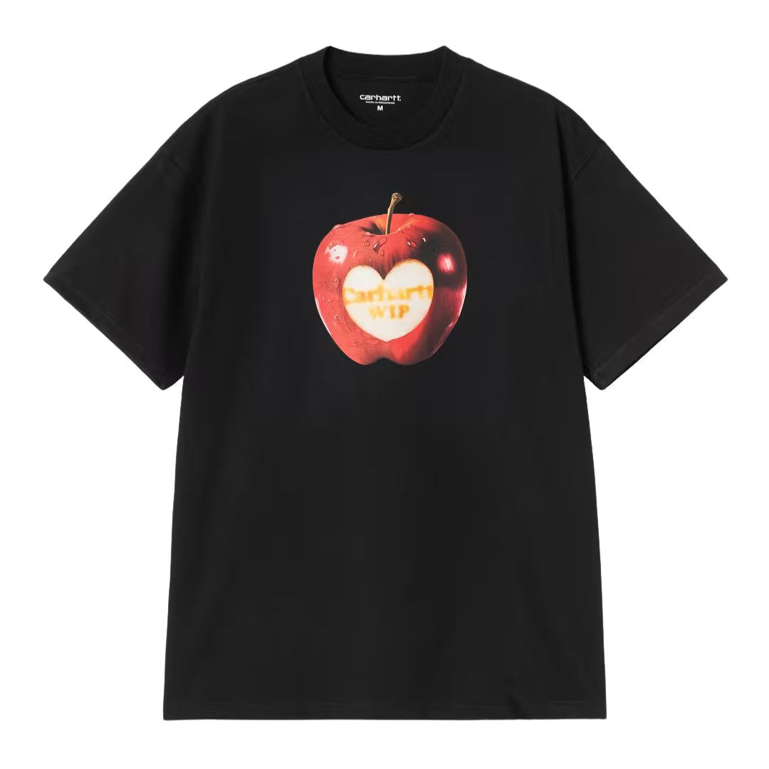 Carhartt WIP S/S Spoiled T-Shirt blanca con gráfico frontal de manzana verde y logo Carhartt WIP en el pecho, camiseta de algodón orgánico loose fit.