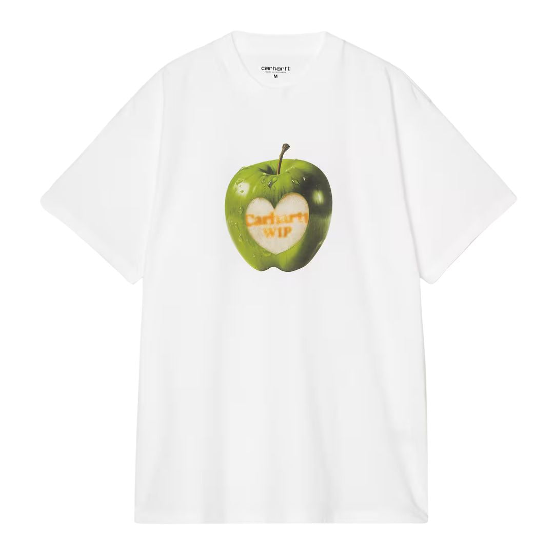 Carhartt WIP S/S Spoiled T-Shirt negra con gráfico frontal de manzana roja y logo Carhartt WIP en el pecho, camiseta streetwear de algodón orgánico.