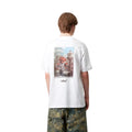 Carhartt WIP S/S Wiptopia T-Shirt color White en modelo, camiseta con estampado gráfico en la espalda.