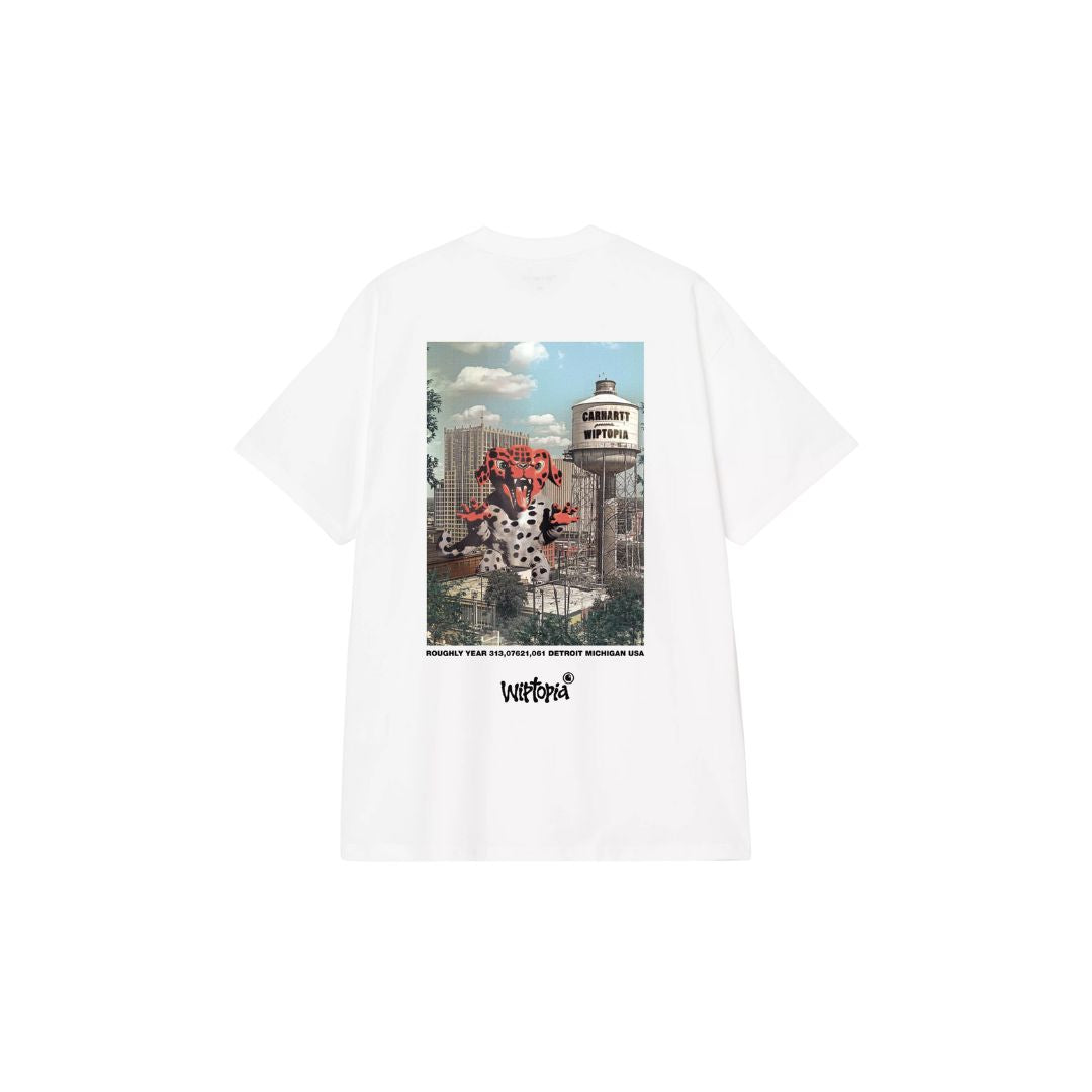 Carhartt WIP S/S Wiptopia T-Shirt color White vista trasera, camiseta de algodón orgánico con estampado gráfico urbano.