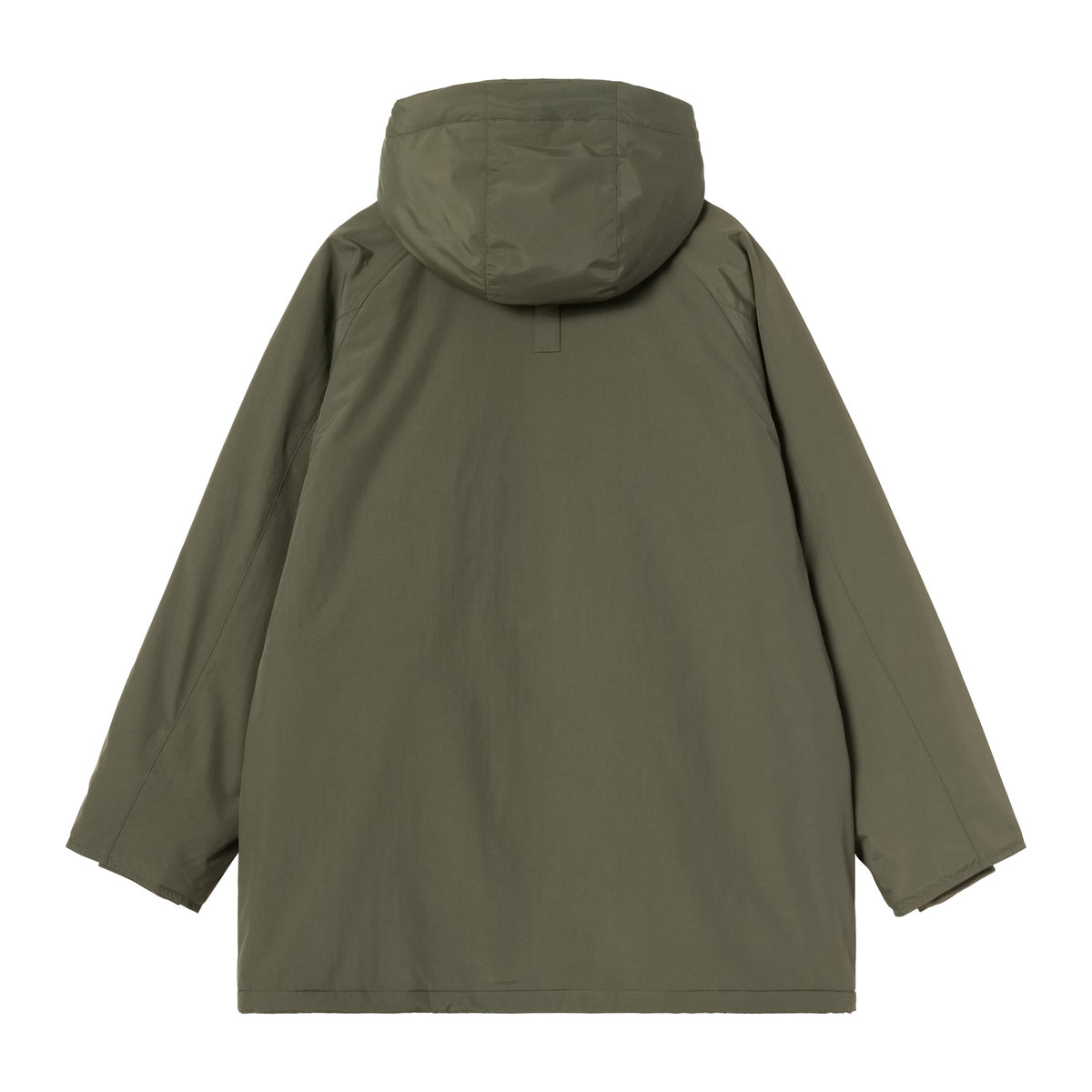 Vista trasera de la parka Carhartt WIP Stanwood Parka en color Cypress sobre fondo blanco, con la capucha, las mangas raglán y el bajo recto de nailon a la vista.