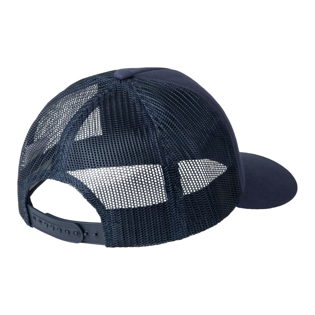 Carhartt WIP Take Off Trucker Cap en color azul marino, vista trasera. Gorra trucker de cinco paneles en sarga de algodón con parte trasera de malla azul marino transpirable y cierre snapback ajustable en azul marino.