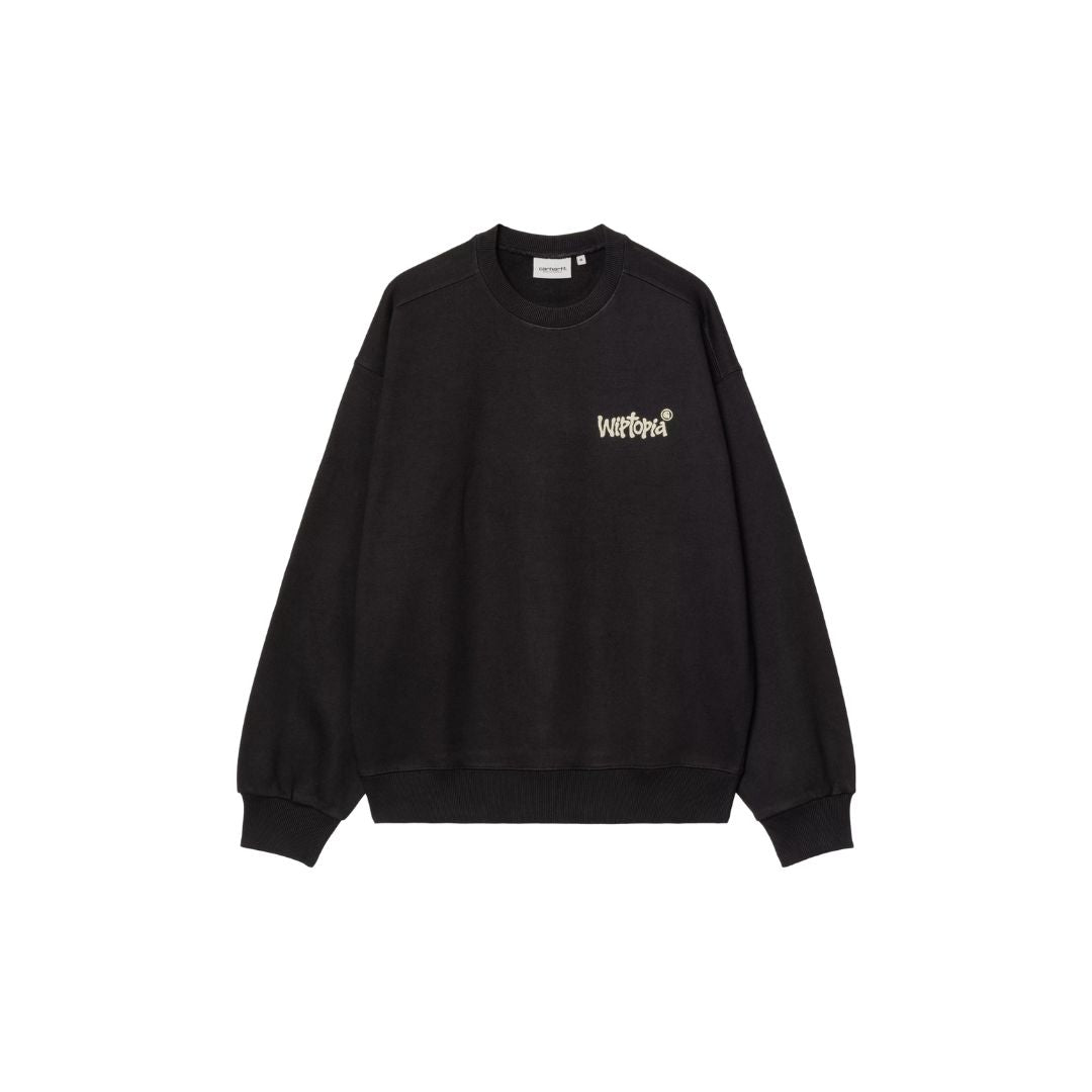 Carhartt WIP Wiptopia Sweatshirt color Black vista frontal, sudadera negra con logo gráfico en el pecho.