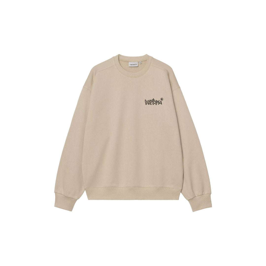 Carhartt WIP Wiptopia Sweatshirt color Wall vista frontal, sudadera beige con logo gráfico en el pecho.