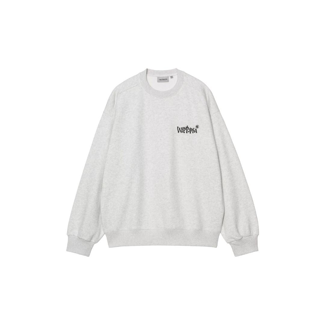 Carhartt WIP Wiptopia Sweatshirt color Ash Heather vista frontal, sudadera gris jaspeada con logo gráfico en el pecho.
