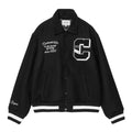 Chaqueta Carhartt WIP World Class Varsity color Black vista frontal completa con parches y bordados.