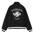Chaqueta Carhartt WIP World Class Varsity color Black vista trasera completa con gráfico de globo y texto.