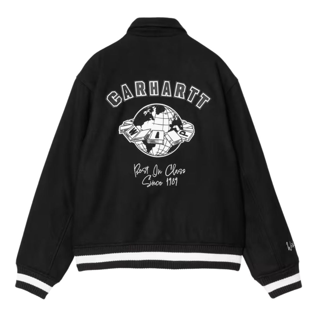 Chaqueta Carhartt WIP World Class Varsity color Black vista trasera completa con gráfico de globo y texto.