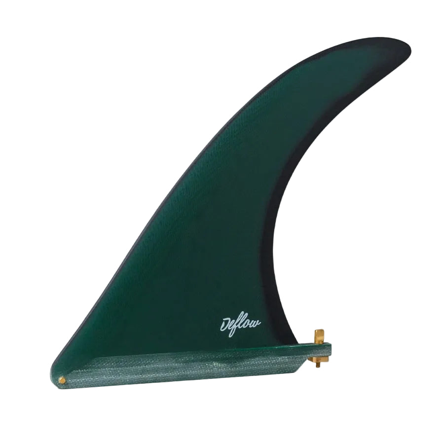 Quilla single fin Deflow Cream verde para longboard, vista lateral sobre fondo gris con base US Box, tornillo dorado incluido y logo Deflow en cursiva blanca.