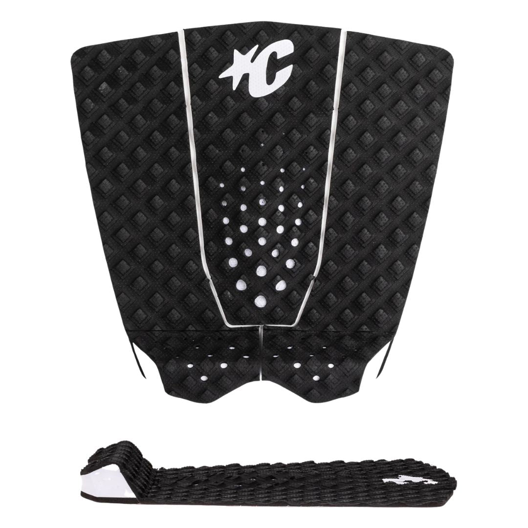 Grip de surf Creatures of Leisure Griffin Colapinto Signature black: vista completa de las 3 piezas negras con patrón Diamond Loc II, logo blanco, Alpine Kick de 30 mm y arch bar de 7 mm.