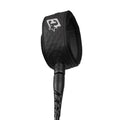 Detalle de la tobillera Non-Slip Cuff negra con logo Creatures of Leisure plateado y swivel marino del leash Reliance 2.0 Medium Duty 6' black silver.