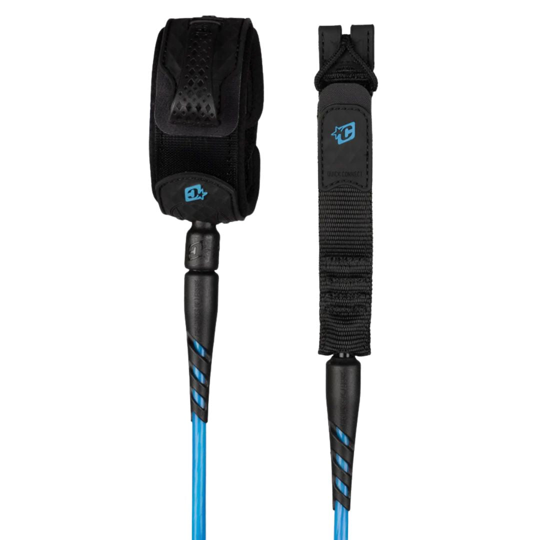 Leash de surf Creatures of Leisure Reliance 2.0 Standard Duty 6' cyan twist black: vista completa de tobillera negra con logo cyan, doble swivel negro y cordón cyan de 7 mm.