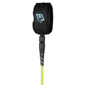 Leash de surf Creatures of Leisure Reliance 2.0 Standard Duty 7' pine lime twist black con tobillera negra, logo azul, doble swivel marino negro y cordón verde lima de 7 mm con detalles negros.