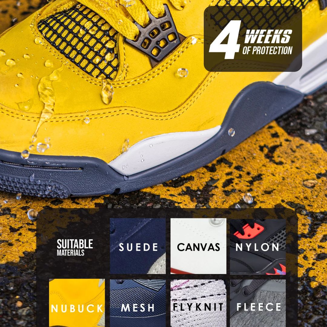 Zapatilla amarilla tratada con Crep Protect Spray mostrando protección impermeable en materiales como ante, lona y nubuck.