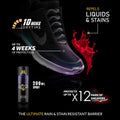 Crep Protect Spray 200 ml aplicándose en zapatilla negra, protección impermeable que repele líquidos y manchas hasta 4 semanas.
