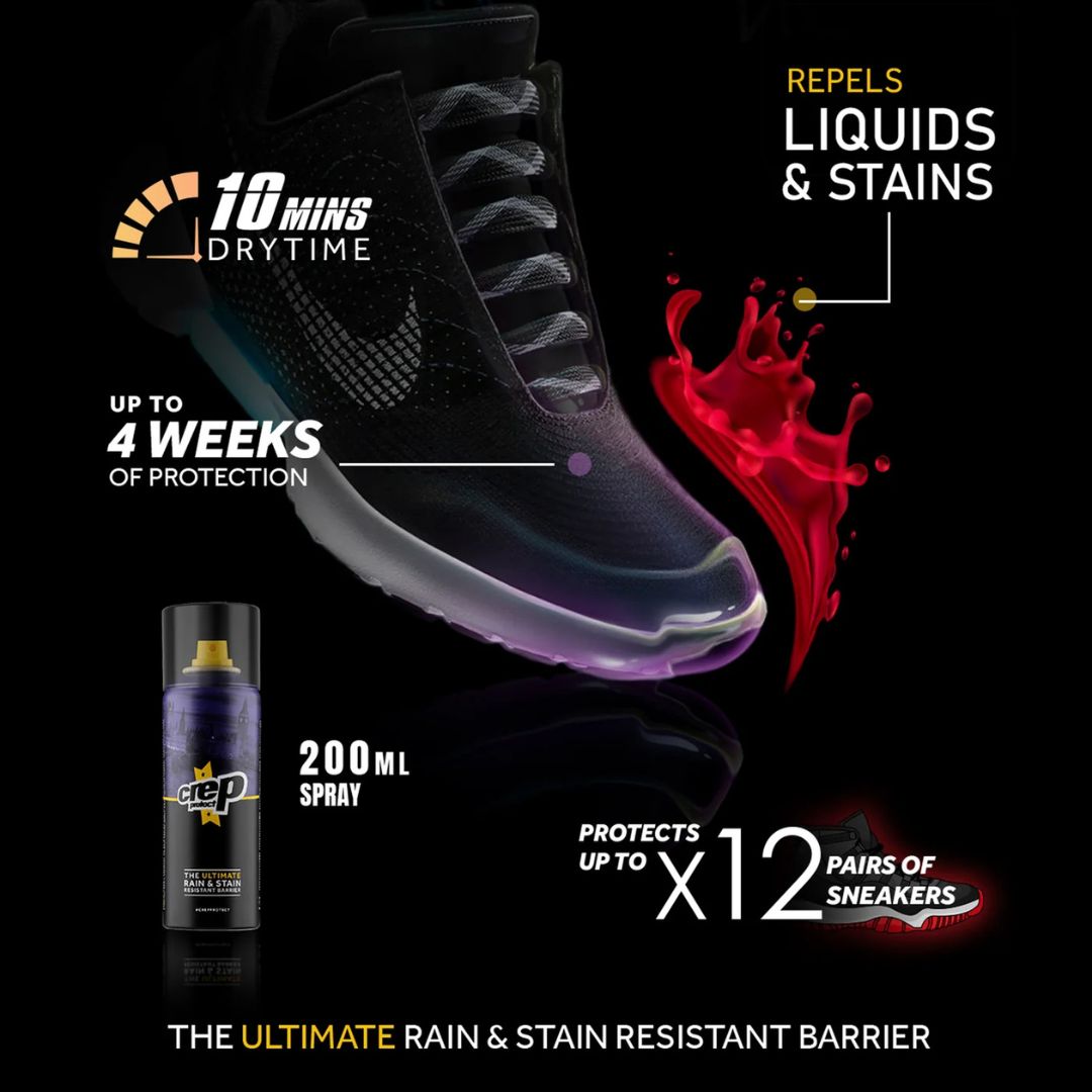 Crep Protect Spray 200 ml aplicándose en zapatilla negra, protección impermeable que repele líquidos y manchas hasta 4 semanas.