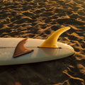 Quilla single fin Deflow Cream montada sobre longboard sobre la arena.