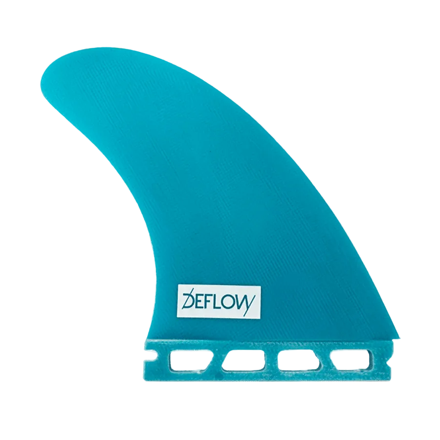 Quilla Deflow Asym Goofy Foot azul petróleo sobre fondo blanco, vista lateral de quilla toe side frontal con base Futures y logo Deflow, textura de fibra de vidrio visible.