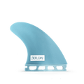 Quilla Deflow Asym Regular Foot azul turquesa, vista lateral de quilla toe side trasera con perfil medio y base Futures sobre fondo blanco, laminado de fibra de vidrio.