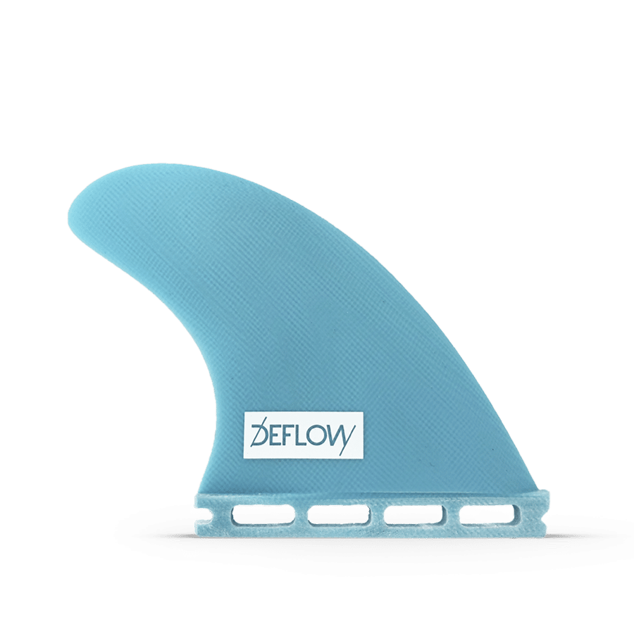 Quilla Deflow Asym Regular Foot azul turquesa, heel side trasera de menor altura con base Futures y perfil compacto característico del set asimétrico Regular Foot.