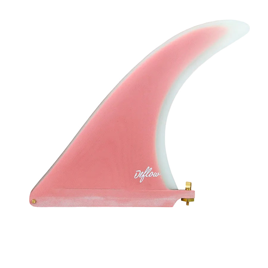 Quilla single fin Deflow Cream 9" en color rosa, vista frontal mostrando el contorno en A y el perfil raked-back en fibra de vidrio sobre fondo blanco.