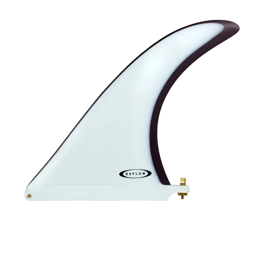 Quilla single fin Deflow Cream 9,75" acabado Polish blanco con detalles en borgoña, vista frontal mostrando el contorno en A y el laminado bicolor sobre fondo blanco.