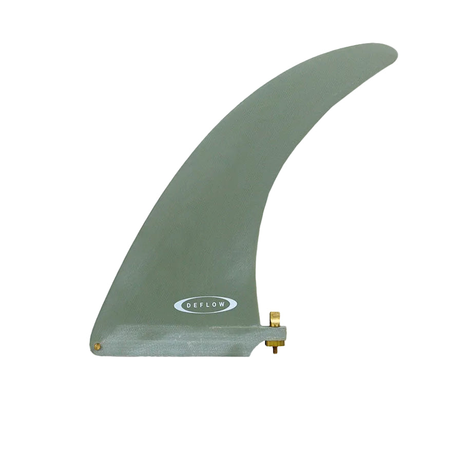Quilla single fin Deflow Midhull 8,5" en color grey gris mineral neutro, vista frontal mostrando el template esbelta hull-type en fibra de vidrio sobre fondo blanco.